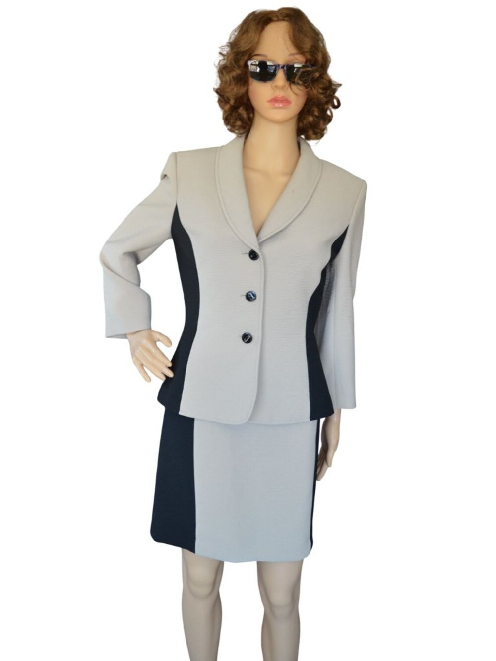 Tahari Tan Black Colorblock Ribbed Skirt Suit Women Size 6 Office Siren Corporat